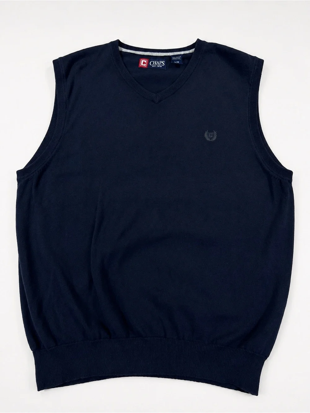 Chaps Men’s Navy Blue Cotton V-Neck Sweater Vest Size L Classic Preppy